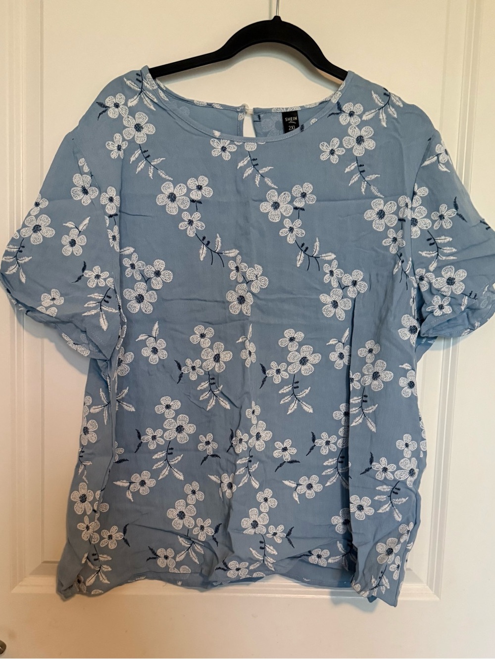 SHEIN Light Blue Floral Embroidered Blouse
